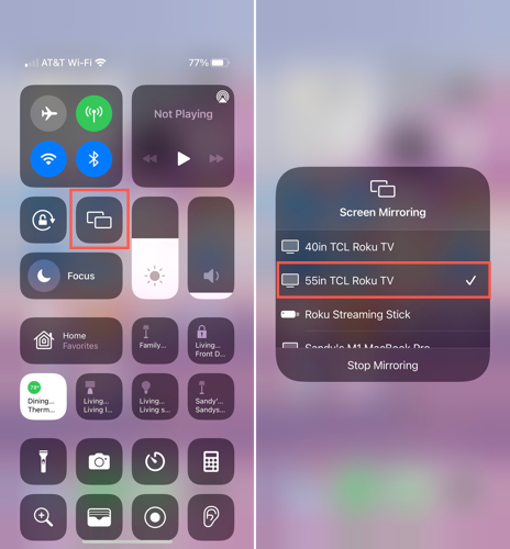 Screen Mirroring icon and options on iPhone