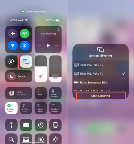 Screen Mirroring icon and Stop Mirroring option on iPhone