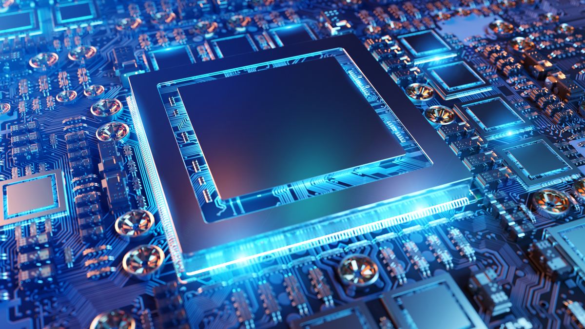 A GPU chip on a circuit board with bright lighting accents.