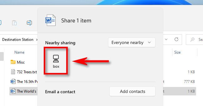 In the Windows 11 Sharing window, click the name of the PC you want to send a file to using Nearby Sharing.