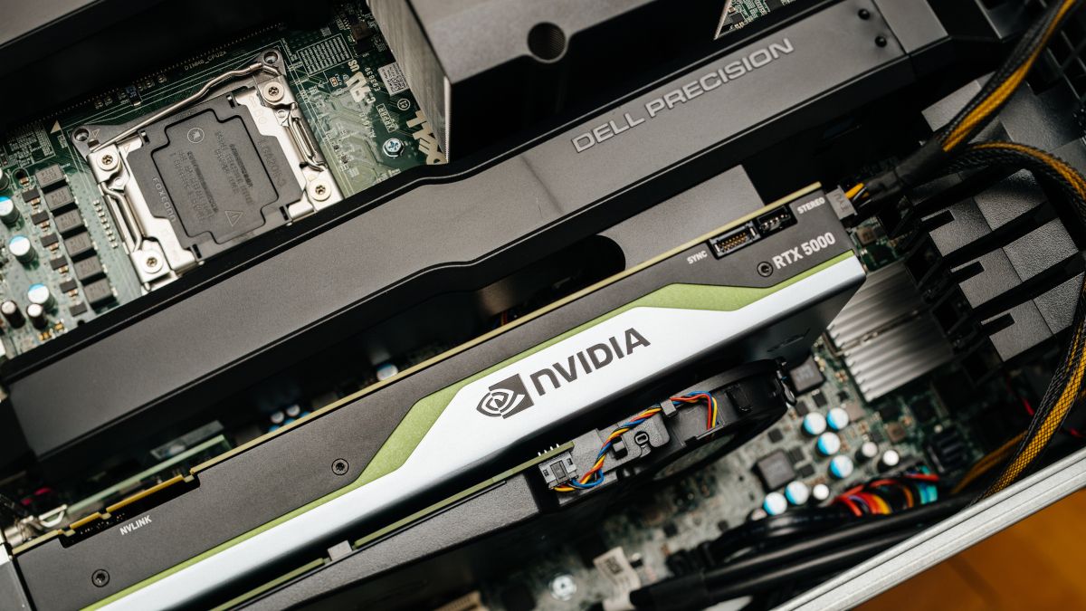 NVIDIA Quadro RTX 5000 workstation GPU installed in a computer.