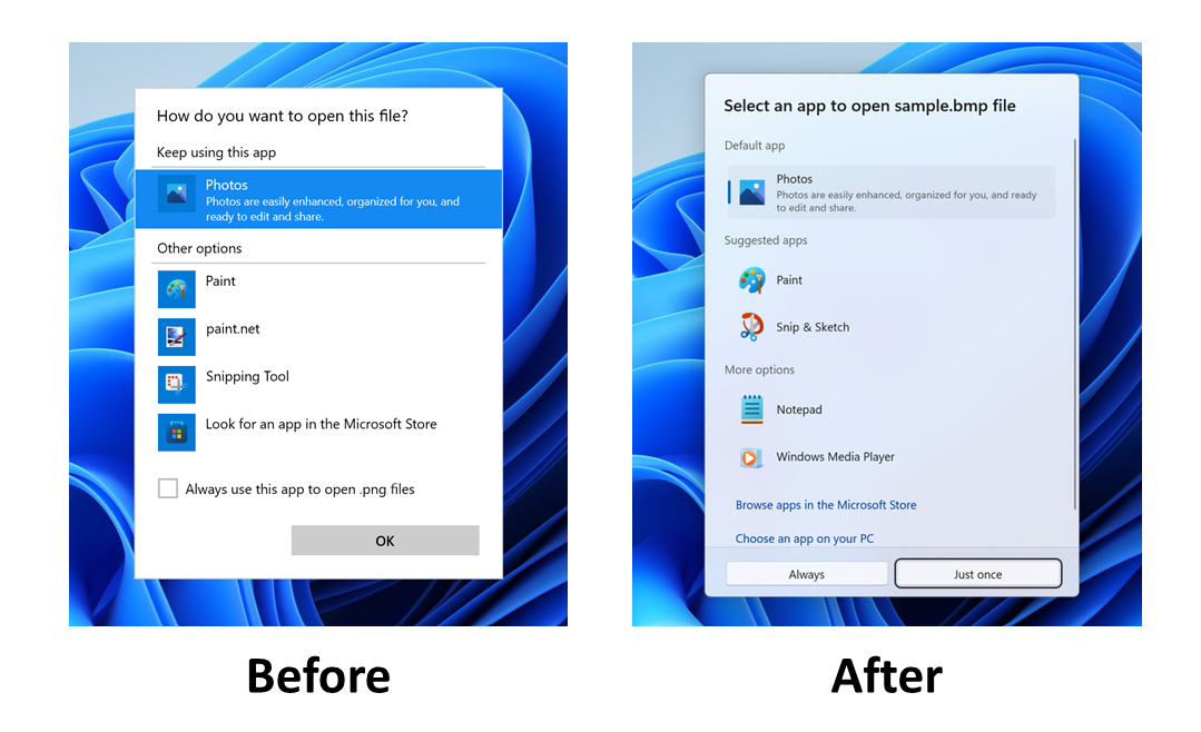 Popup asking which app should be used to open a .BMP file, with both the old and new designs