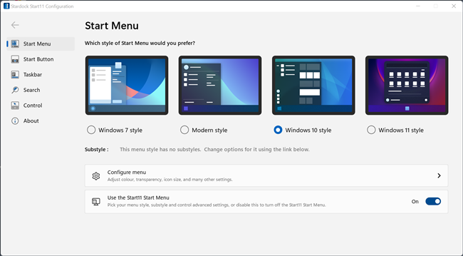 The Start11 Start Menu customization options with Windows 10 Start Menu selected.