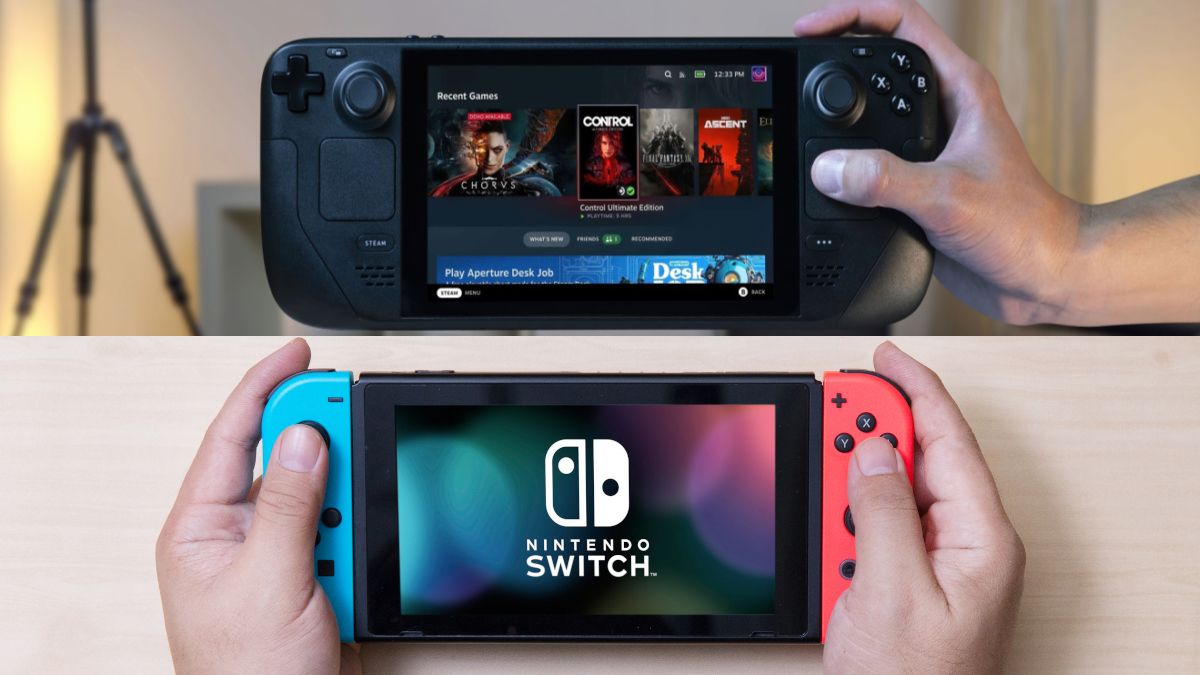 A Steam Deck console held above a Nintendo Switch.