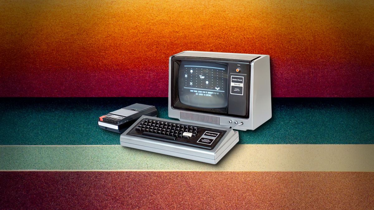 The TRS-80 Model I computer on a 1970s-colored background