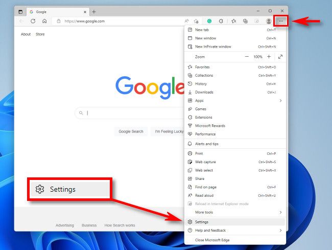 In Microsoft Edge, click the ellipses button, then select &ldquo;Settings.&quot;