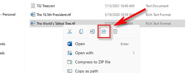 In File Explorer, right-click a file and select the Share button.