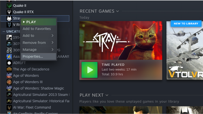 Selecting Properties for the Video Game Stray in Steam
