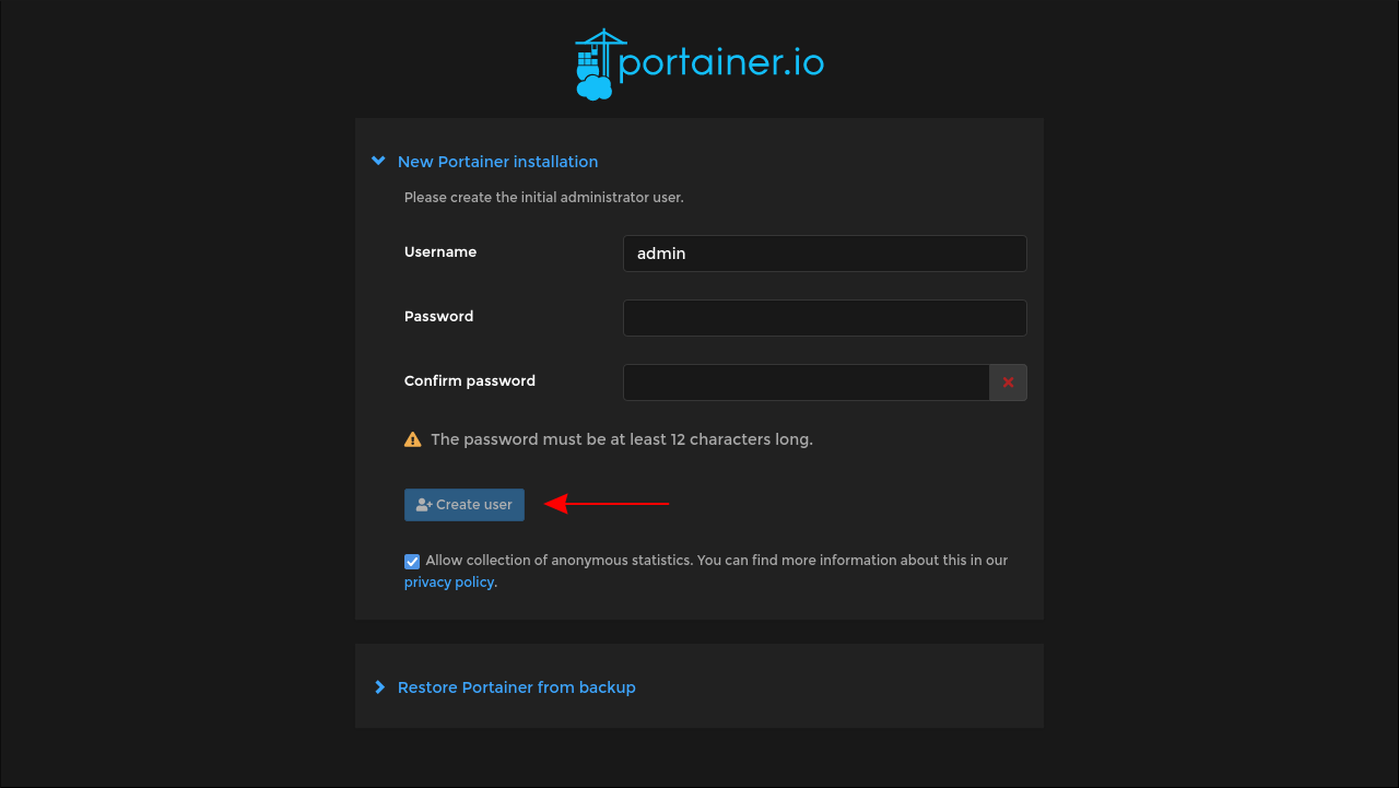 Screenshot of the Portainer set up page