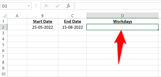 Select a cell to display the NETWORKDAYS result.