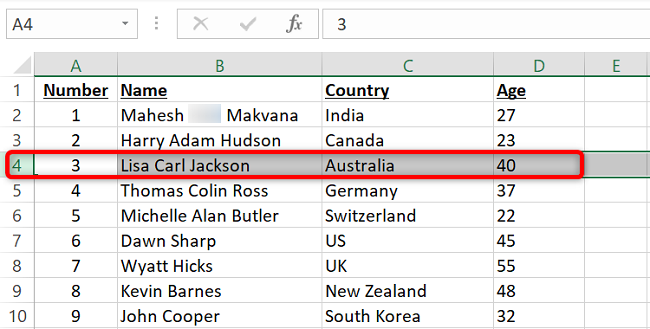 Select a row in the Excel spreadsheet.