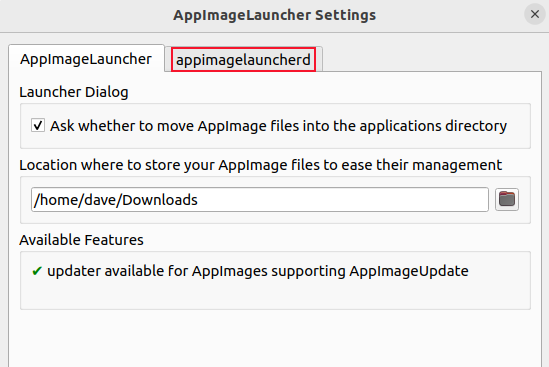 The AppImageLauncher application with /home/dave/Downloads set as the monitored directory