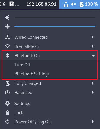System menu with expanded Bluetooth menu option
