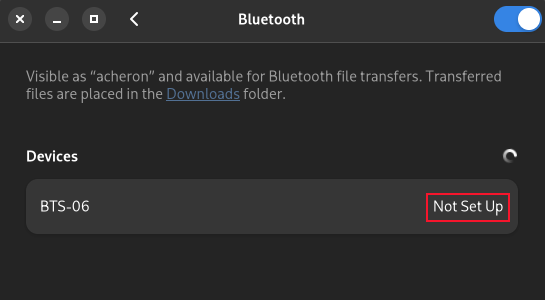 Bluetooth settings pane with a detected but unpaired Bluetooth device listed