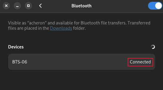 Bluetooth settings pane with a detected and paired Bluetooth device listed