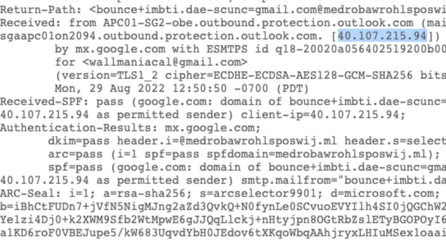Gmail Email Header with Highlighted IP Address