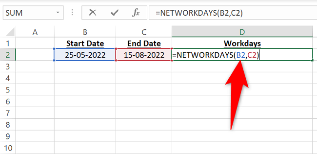 Type the NETWORKDAYS function.