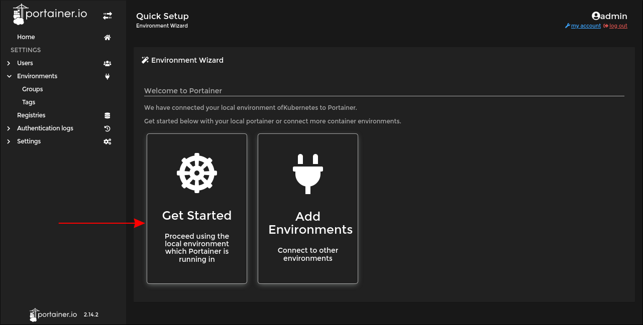 Screenshot of Portainer's "getting started" screen