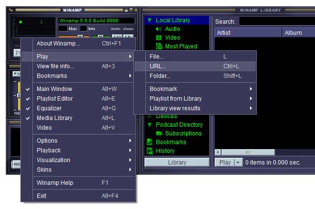 A screenshot showing how to select the play source in Winamp.