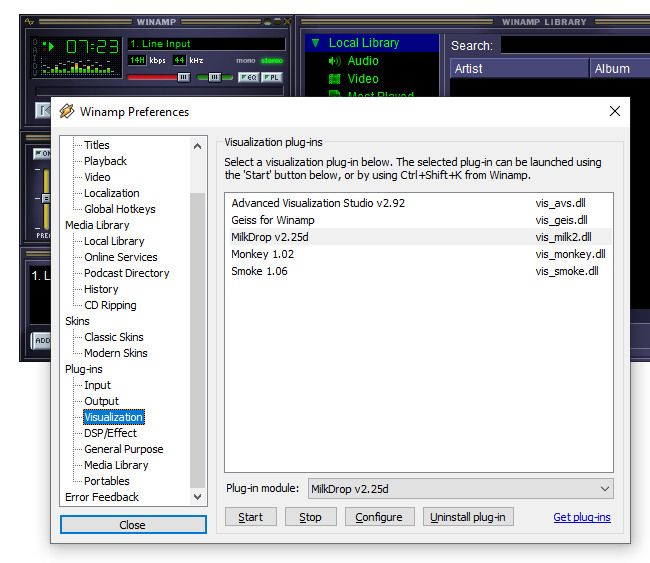 A screenshot showing the Winamp visualization selection menu.