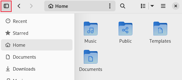 GNOME 43 File browser with the sidebar recalled by using the "Show Sidebar" button