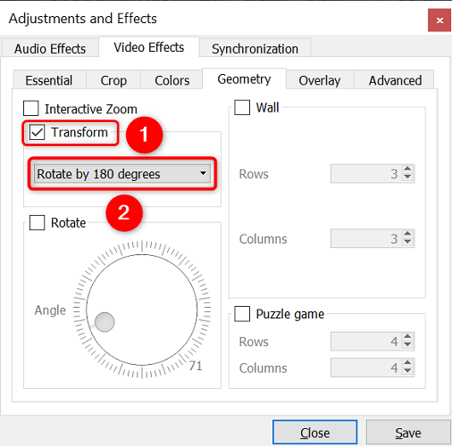 Activate "Transform" and select a rotation angle.