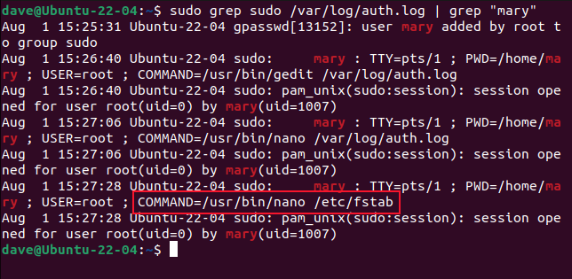 Using grep to filter out entries that mention mary and sudo