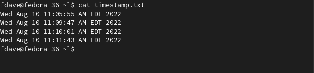 The contents of the timestamp.txt file after several runs of the script