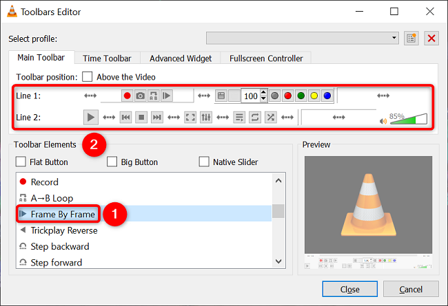 Add the "Frame by Frame" button to the VLC interface.