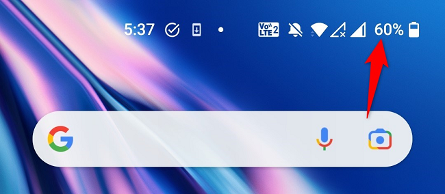 Battery percentage in the status bar on an Android phone.