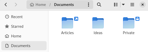 GNOME 43 File browser with "floating" emblems alongside directory icons for symbolic links and locked directories