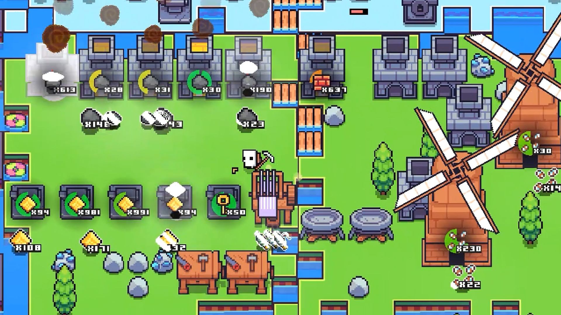 forager gameplay with multiple working machines set up on two islands
