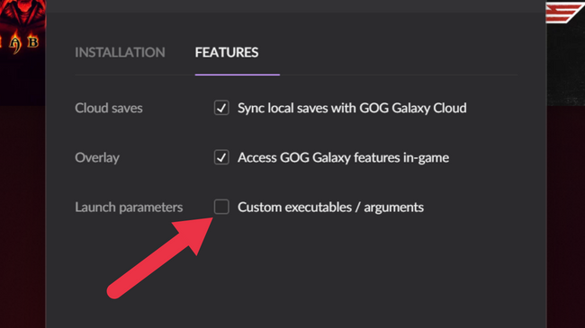 The GoG game Features tab with Custom Executable checkbox