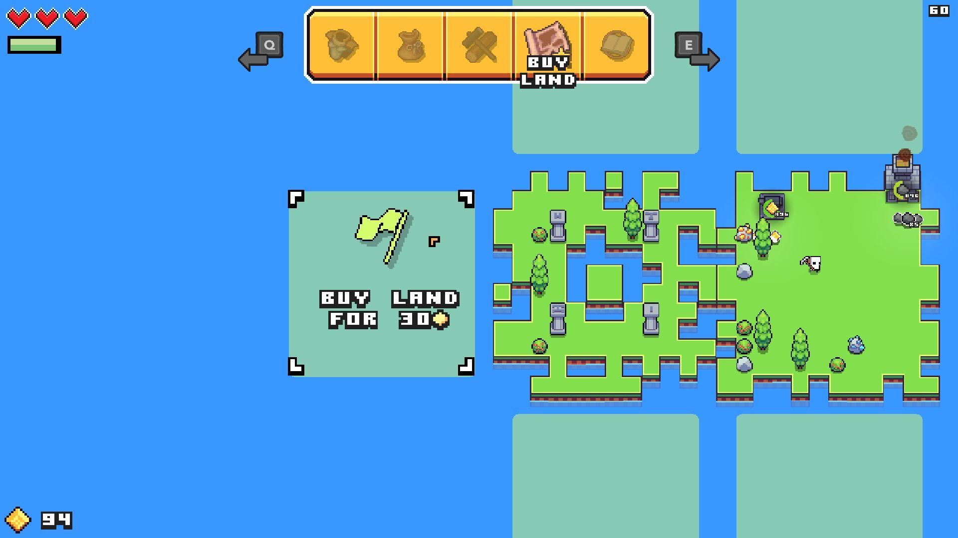 forager video game showing how you buy new land to expand your base