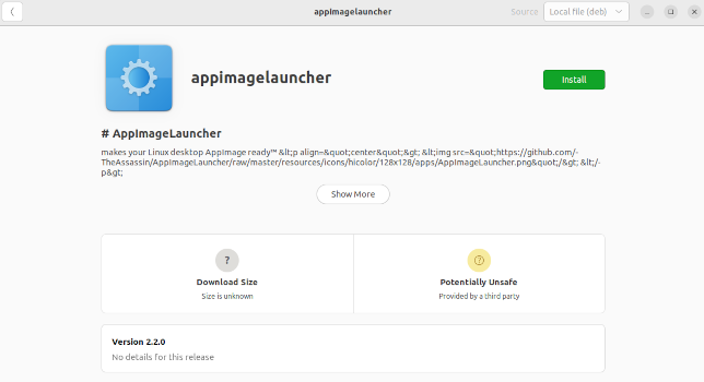 The AppImageLauncher DEB file opened in the Ubuntu Software program
