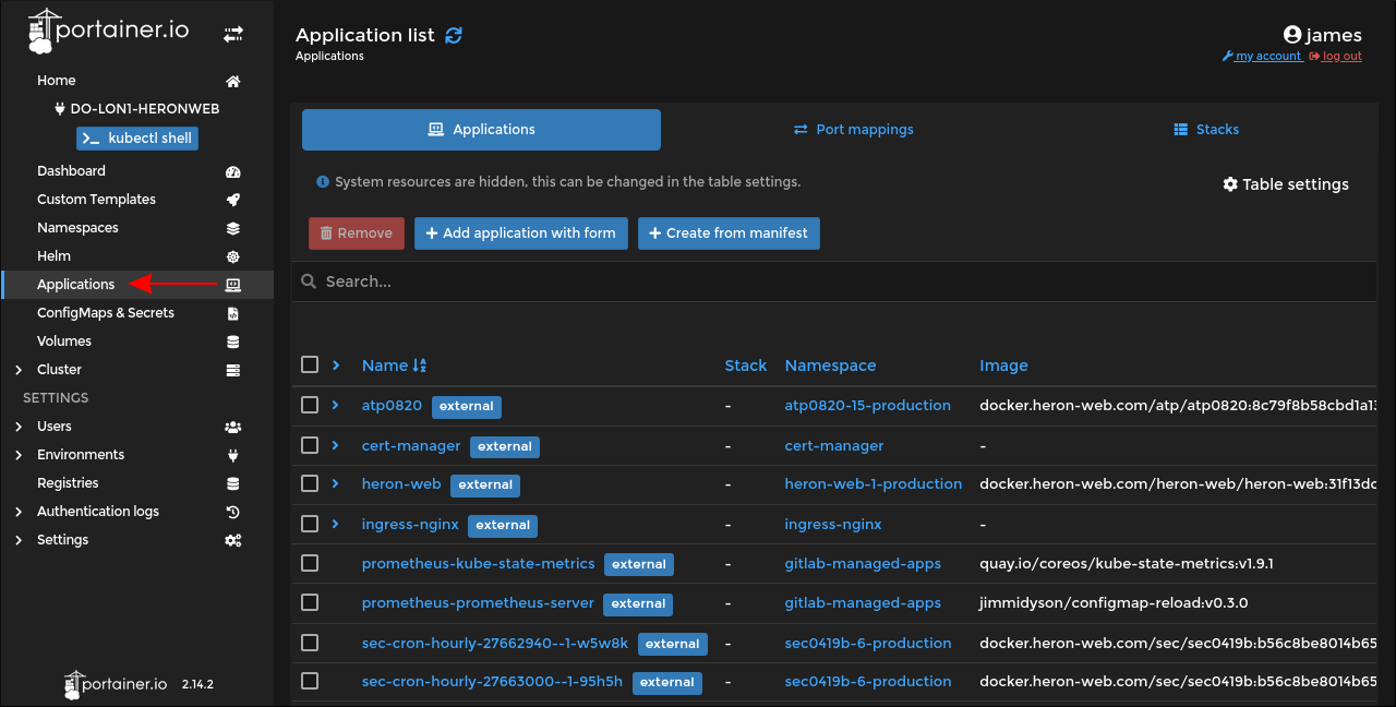 Screenshot of viewing Kubernetes applications using Portainer