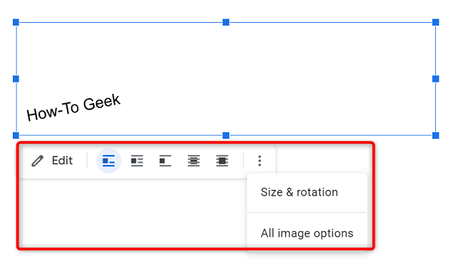 Text Box options on Google Docs.
