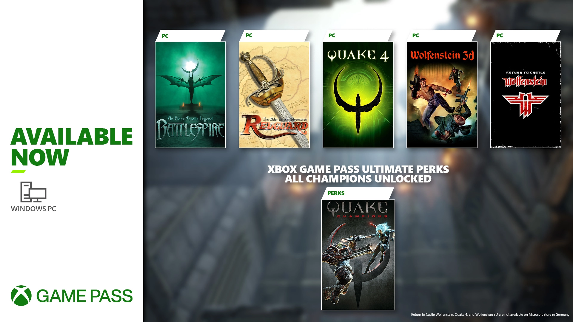 Poster art for Elder Scrolls, Quake, and Wolfenstein games available on Xbox Game Pass for PC