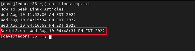 The timestamp entry from script3.sh in the timestamp.txt file on the remote server