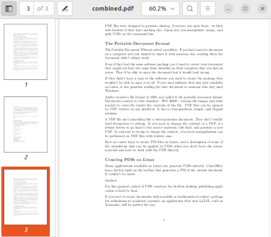 The new PDF file has all the pages from the two original PDF files