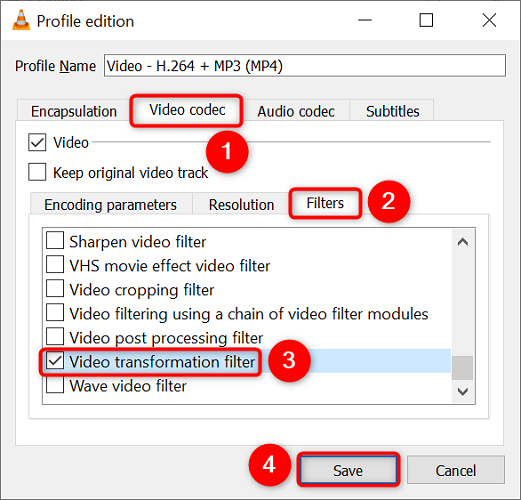 Enable "Video Transformation Filter" and choose "Save."