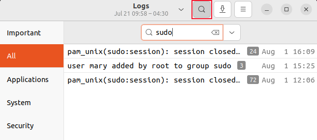 Searching for entries that contain sudo in the GNOME Logs application