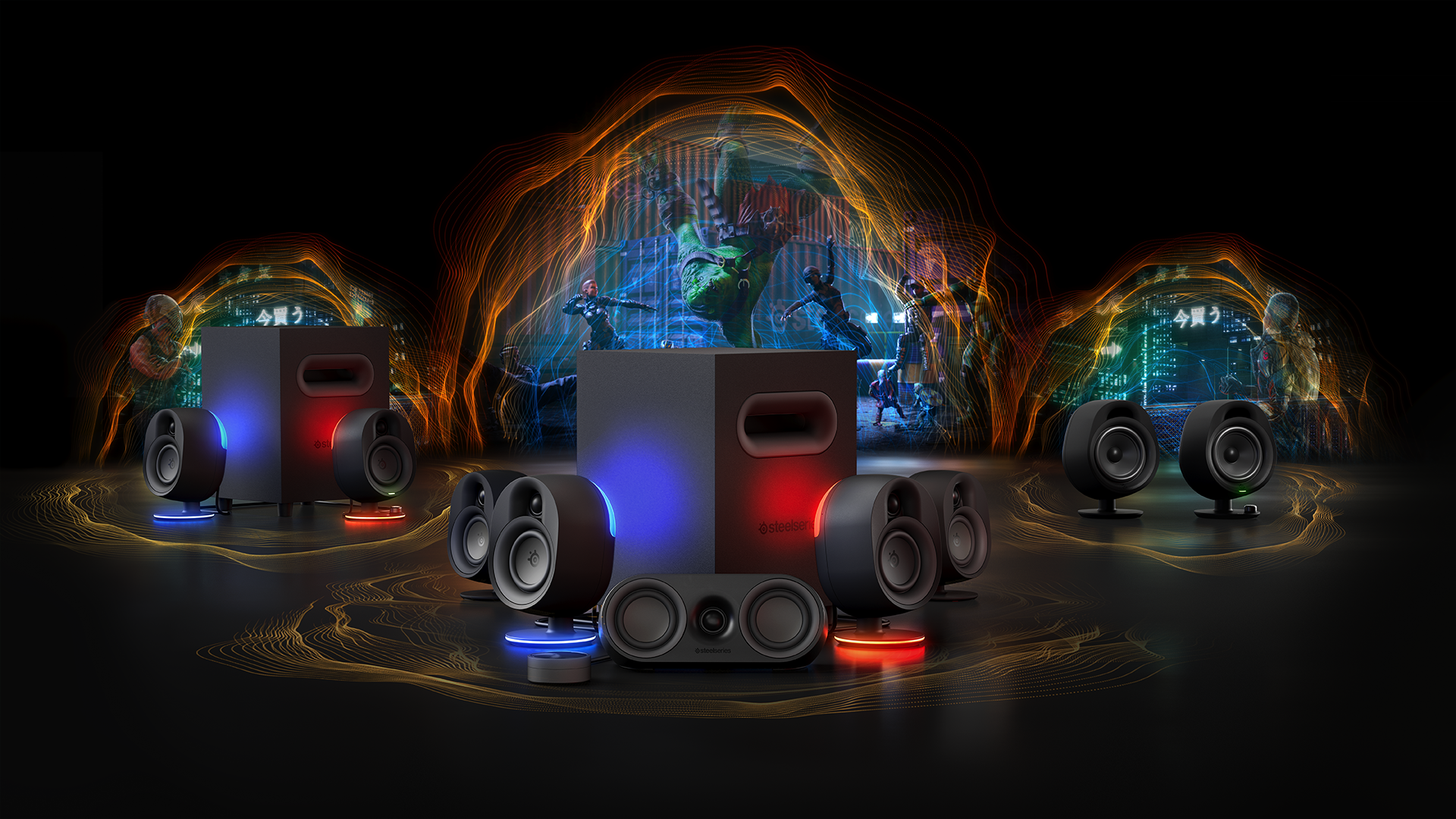 The SteelSeries Arena 3, Arena 7, and Arena 9 speakers.