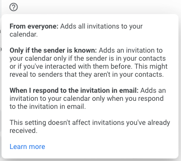 Options for adding invitations to Google Calendar
