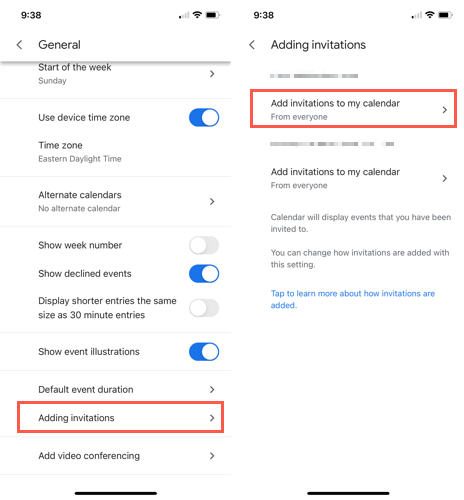 Adding invitation settings in the Google Calendar mobile app