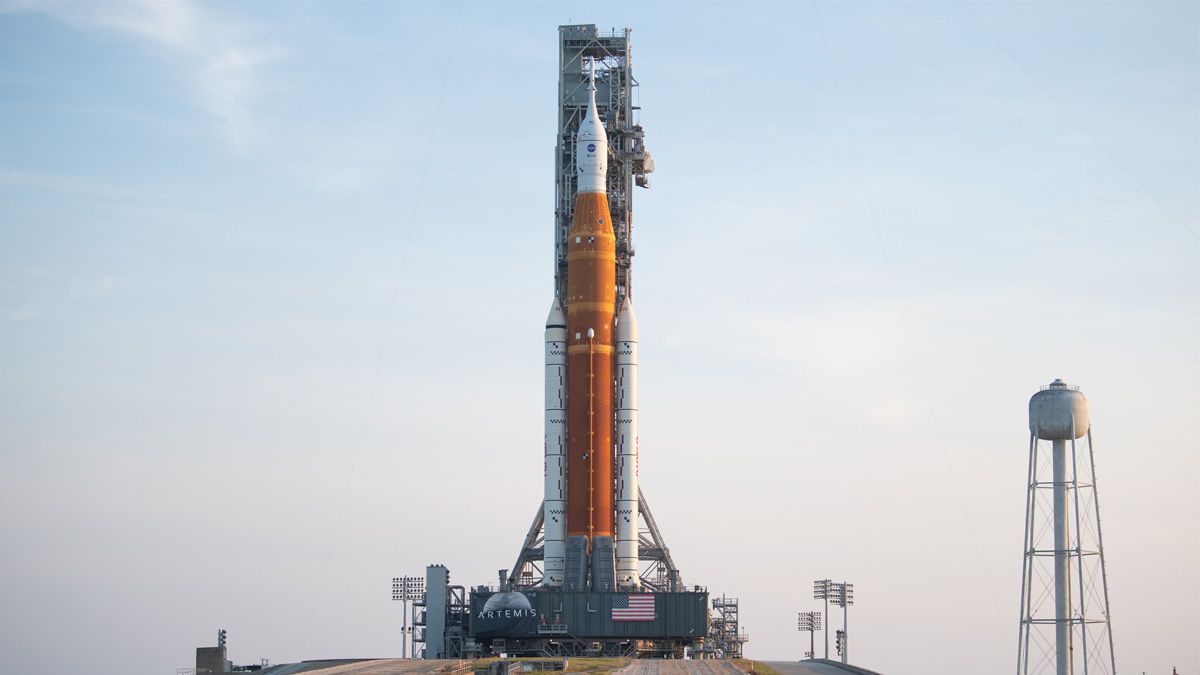 Space Launch System on a launchpad