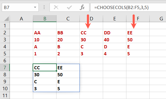 CHOOSECOLS function in Excel