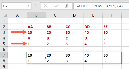 CHOOSEROWS function in Excel