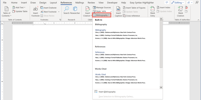 Bibliography types in Word