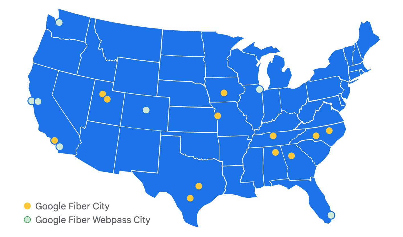 Map of the United States with Google Fiber locations highlighted